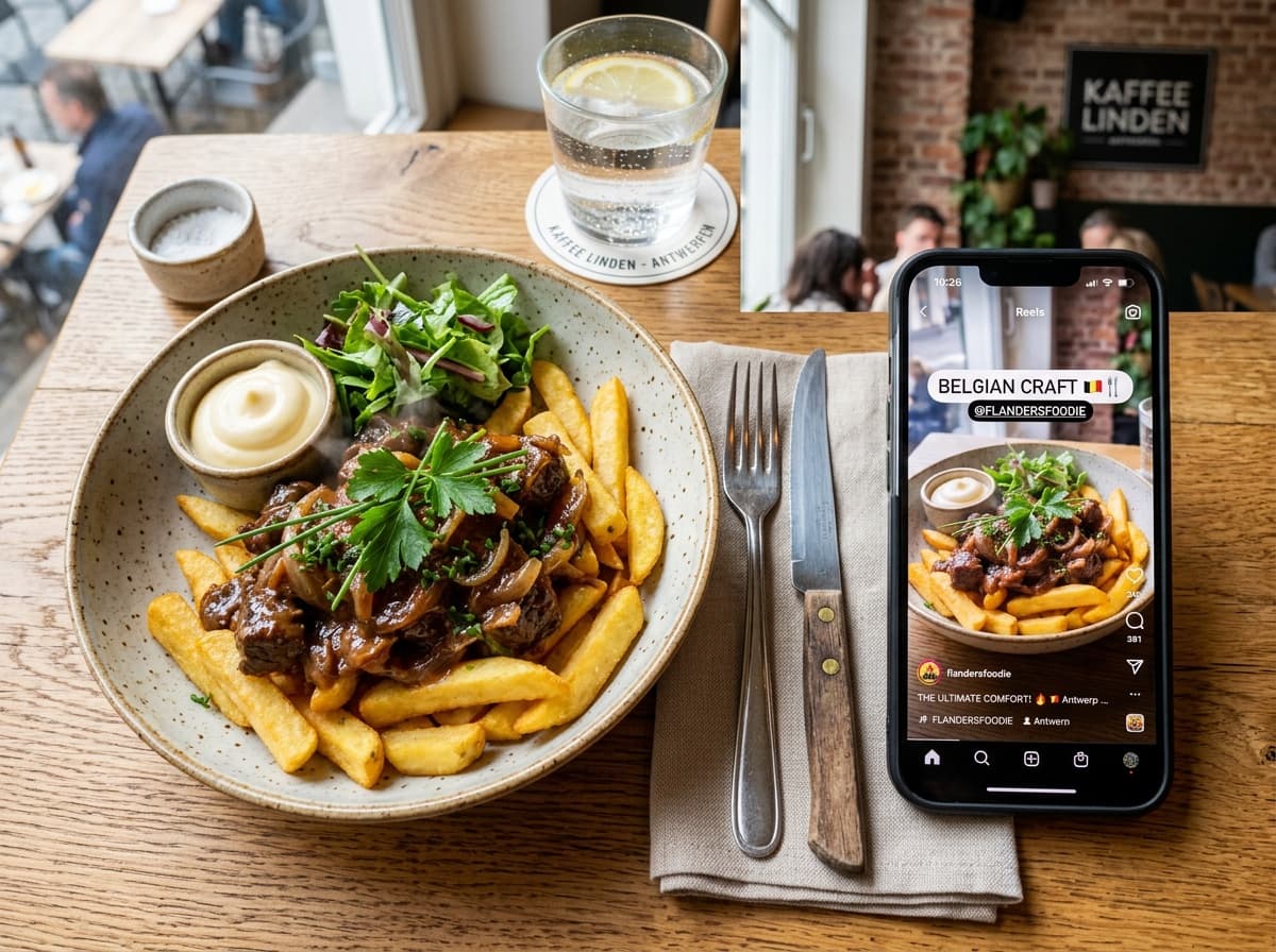 Een gerecht naast een telefoon die er een video van toont