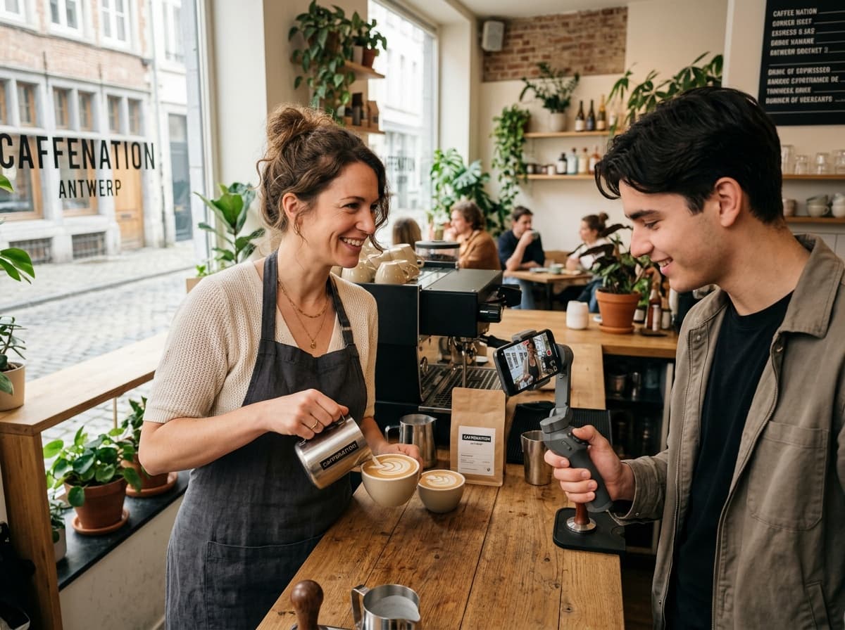Een Vlaamse koffiebar-uitbaatster en een content creator filmen samen een cappuccino voor social media